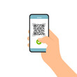 Flat design illustration of male hand holding touch screen mobile phone. Successful QR code scan for payment, vector