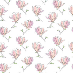 Poster - Floral seamless pattern with Magnolia flowers in one line art style. Vector illustration for wedding invitations, wallpaper, textile, wrapping paper, cover. Vector illustration