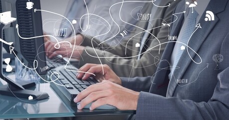 Poster - Composition of network of connections with digital icons over two businessmen using computers