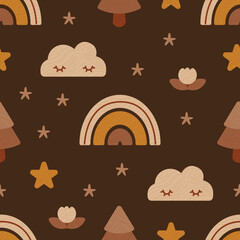 Seamless pattern Eco wooden baby toys rainbows, clouds, stars and trees. Neutral colors illustration isolated on brown. For fabric, print, textile, kids decor room, background, wallpaper. Vector