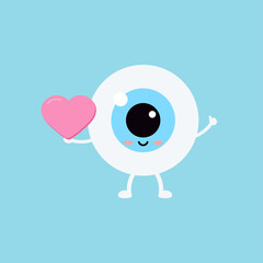 Wall Mural - Happy eye with heart vector ophthalmology love icon. Flat design cartoon smiling eyeball character in love for valentines day design illustration. Happy boy hold heart in hand clip art image.