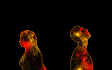 Wall Mural - Yellow and red shining starry universe in the form of a man and a woman on a black background