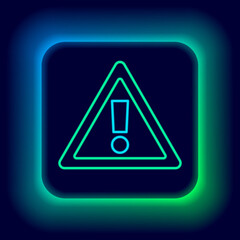 Glowing neon line Exclamation mark in triangle icon isolated on black background. Hazard warning sign, careful, attention, danger warning sign. Colorful outline concept. Vector