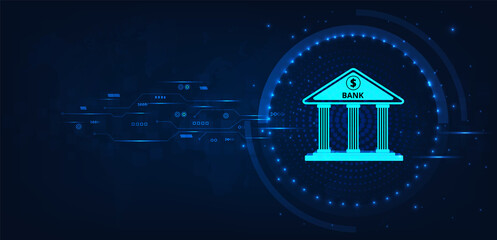Fototapete -  Internet Banking Technology.Isometric illustration of bank on dark blue technology background.Digital connect system.Financial and Banking  technology concept.Vector illustration.EPS 10.