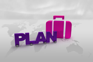 Wall Mural - purple word plan on wheels as a car on world background with gold suitcase and luggage.