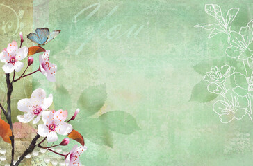 Sticker - Light background with white flowers and green leave on a tree branch.