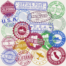 Santa Monica California Set Of Stamps. Travel Stamp. Made In Product. Design Seals Old Style Insignia.