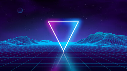 Poster - Retro futuristic background for game. Music 3d dance galaxy poster. 80s background disco. Neon triangle synthwave digital wireframe landscape with palms. Space vector.