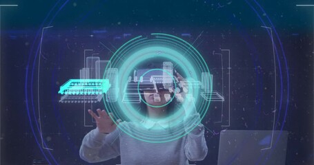 Poster - Scope scanning over 3d city model against caucasian woman wearing vr headset against blue background
