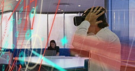 Poster - Data processing and scope scanning over caucasian man wearing vr headset at office
