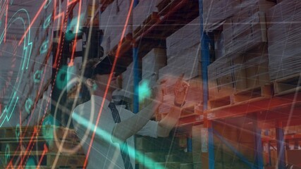 Poster - Scope scanning over grid network against caucasian man wearing vr headset at the warehouse