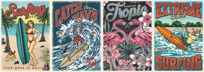 Canvas Print - Surfing vintage colorful posters set