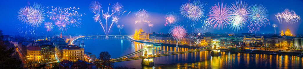 Wall Mural - Fireworks in Budapest. New year celebration. Skyline panorama of the city