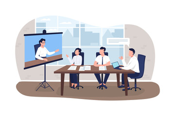 Poster - Business meeting 2D vector web banner, poster. Projector screen with instructor. Businesspeople training flat characters on cartoon background. Office printable patch, colorful web element