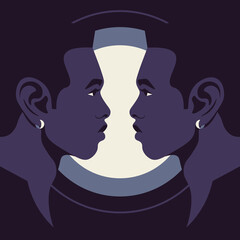 Portraits of two African guys in profile. The faces of the twin brothers on a dark background. Human head side view. Vector flat illustration