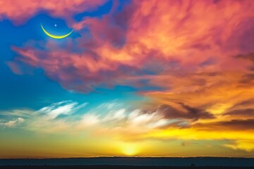 Wall Mural - crescent moon with beautiful sunset background . bright sky