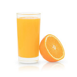 The glass of orange juice and half of orange isolated on the white background