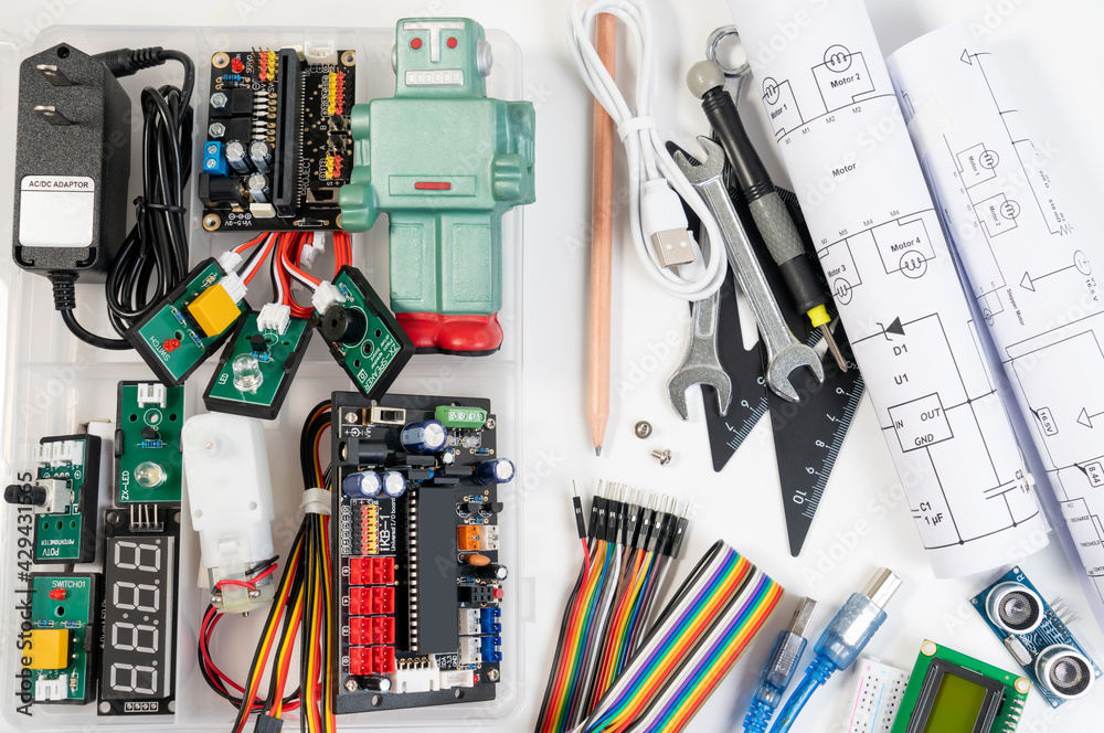 DIY microcontroller board or IOT microcontroller board for creating robot and robotic. Microcontroller education board for learning and building robot at school. Robotic education background.