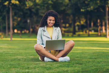 Poster - Full size photo of optimistic brunette hairdo lady sit write laptop wear yellow dress jacket outside in park