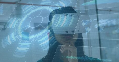 Poster - Animation of scope scanning and screen with world map over woman wearing vr headset