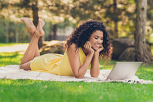 Portrait Of Attractive Cheerful Focused Girl Lying On Plaid Grass Using Laptop Watching Movie Film In Park Outdoor