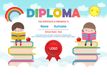 Wall Mural - Diploma template for kids, Certificates kindergarten and elementary,  Preschool children Diploma certificate background design, Diploma template for child student isolated vector illustration