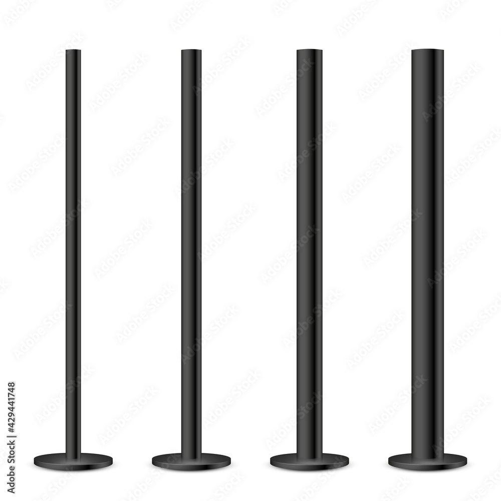 Realistic metal poles collection isolated on white background. Glossy black steel pipes of various diameters. Billboard or advertising banner mount, holder. Vector illustration. - obrazy, fototapety, plakaty 