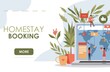 © Pavlo Plakhotia - Homestay booking vector flat landing page template. People book hotel room and hostel in different countries around the world. Planning summer vacation, travelers choose guesthouse.