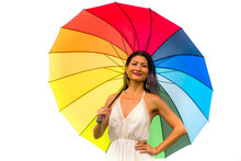 Attractive And Happy Asian Woman Holding Rainbow Colorful Umbrella Or Parasol  Smiling Playful Isolated On White Background In Beauty And Freedom Concept