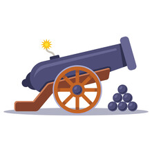 Old Military Cannon With A Lit Wick. Flat Vector Illustration.