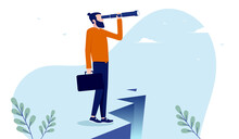 Casual Man Searching For Work And Career Opportunities - Man With Binocular In Search For Business On White Background. Vector Illustration.