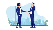 Businesswoman And Businessman Handshake - Two Business People Shaking Hands In Office. Deal, Partnership, Equality And Agreement Concept. Vector Illustration On White Background.