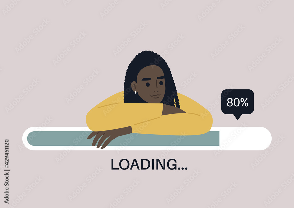 Young female Black character leaning on a progress bar, file uploading concept - obrazy, fototapety, plakaty 