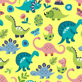 Fototapeta Dinusie - Seamless pattern with cute hand drawn dinosaurs. Design of fabrics, textiles, wallpaper, packaging, decoration of a children's room.