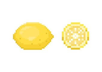 Poster - Pixel lemon illustration. Vector pixel art yellow lemon of grapes. 8 bit retro game style fruit lemon icon. Pixel fruit isolated icon on white background.