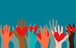 © Sagittarius_13 - Volunteers, social workers, ordinary people hold hearts in their palms. Unity, cohesion of a multinational society. Charity, voting, donations, social assistance. Blue deep background.