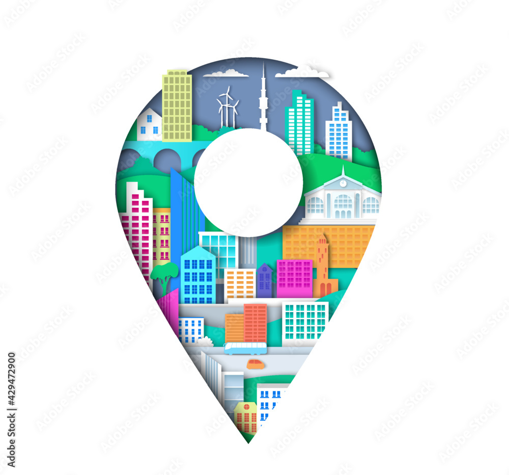 Location pin with city elements. Vector illustration in paper art style ...