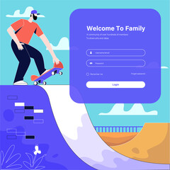 Boy skateboarding illustration, Login page design concept