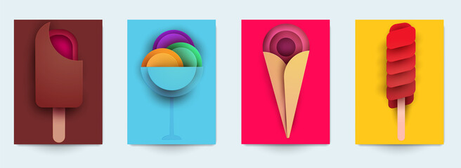 Collection templats cover with ice cream. Abstract art composition in modern geometric papercut style. Minialistic concept design for branding banner, flyer, book, menu, card. Vector illustration.