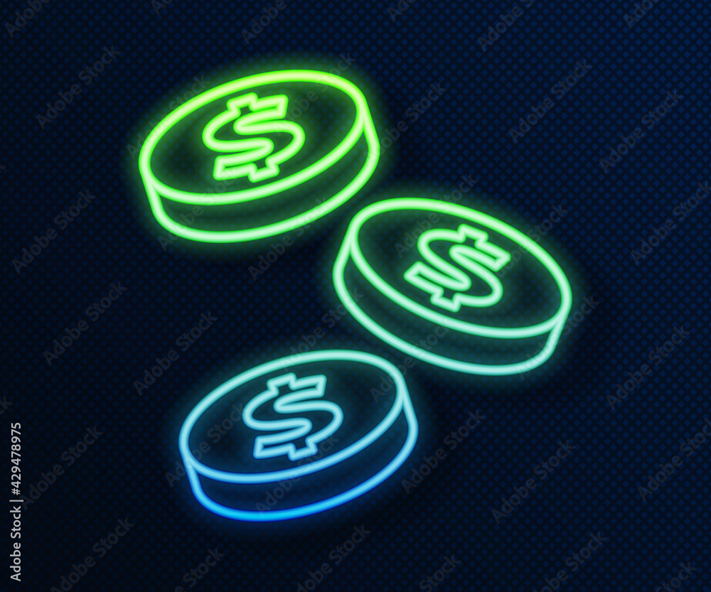 Glowing neon line Coin money with dollar symbol icon isolated on blue  background. Banking currency sign. Cash symbol. Vector 스톡 벡터 | Adobe Stock