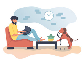 Man on sofa working from home with a laptop with dog. Flat vector illustration of young professional in yellow top. Concept for stay at home indoor job remote work during COVID-19