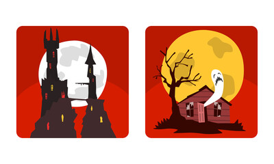 Poster - Scary Halloween House with Ghost and Bats Vector Set