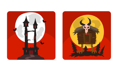 Poster - Scary Halloween House and Hut on Chicken Legs Vector Set