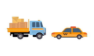 Wall Mural - Truck or Lorry as Motor Vehicle and Urban Transport for Transporting Cargo and Taxi Cab Vector Set