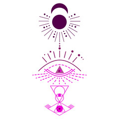 Set of different images of opening of third eye, symbol of soul in esoterics. Illustration of magic session, look into future, connection with universe. Vector drawing for tarot cards, groups, webpage