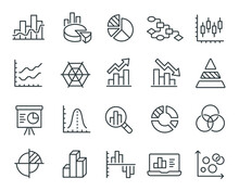 Graphs And Сharts Icons Set. Such As Line And Pie Chart , Bar Histograms And Others. Editable Vector Stroke.