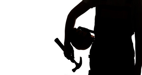 Wall Mural - silhouette body part of builder worker with hammer and hard hat under arm on white background, construction tools and equipment