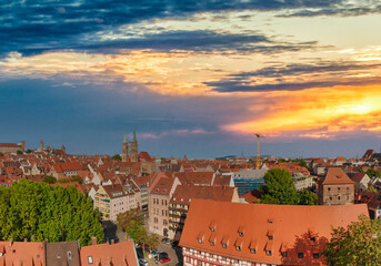 Sticker - Aerial view of Nuremberg medieval skyline from drone at sunset, Germany.