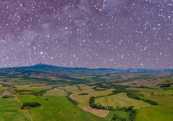 Sticker - Aerial view of Tuscany Hills in spring season from drone at night, Italy