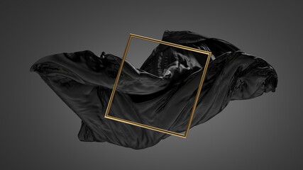 Wall Mural - 3d render, abstract dramatic fashion wallpaper. Modern minimal composition with black silk fabric, levitating cloth drapery and golden square frame, isolated on dark background